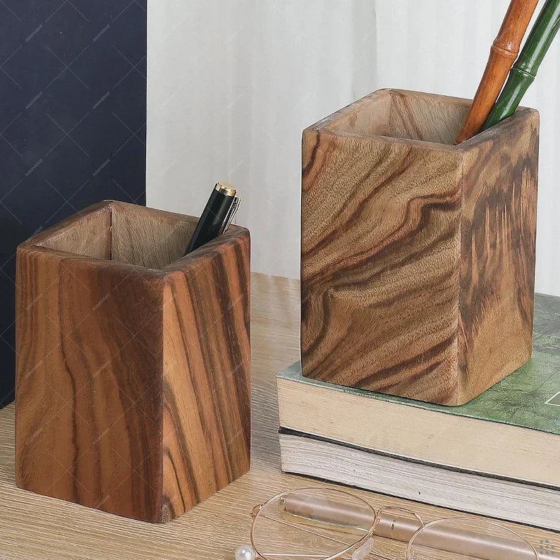 Portalápices de madera maciza de alcanfor 8x8x12 cm – Organizador de escritorio, cubilete para lápices