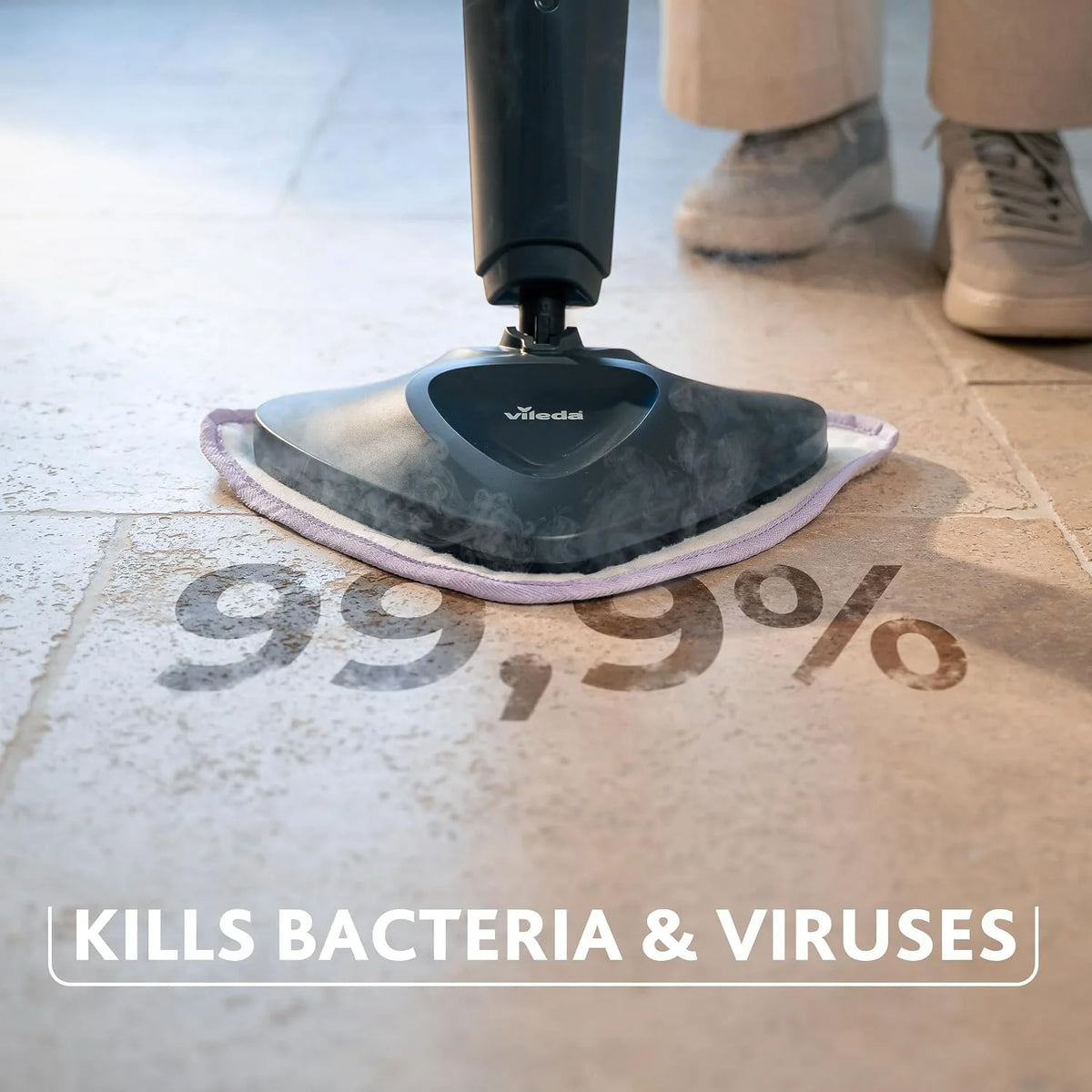 Mop parowy Vileda Steam Plus Pro, zabija do 99,9% bakterii i wirusów, idealny do delikatnych podłóg, z 4 trybami pary, posiada podstawkę do przechowywania