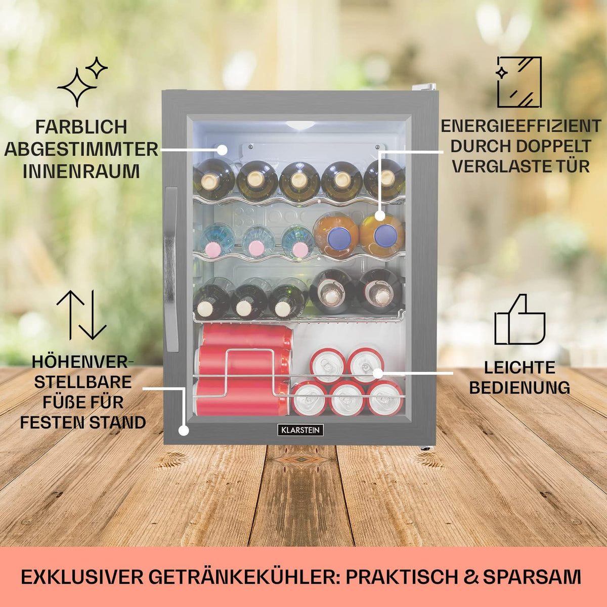 Mini refrigerador Klarstein con puerta de cristal, mini, para habitación, refrigerador de bebidas pequeño con estantes ajustables, con estantes ondulados, refrigerador silencioso de 60 litros