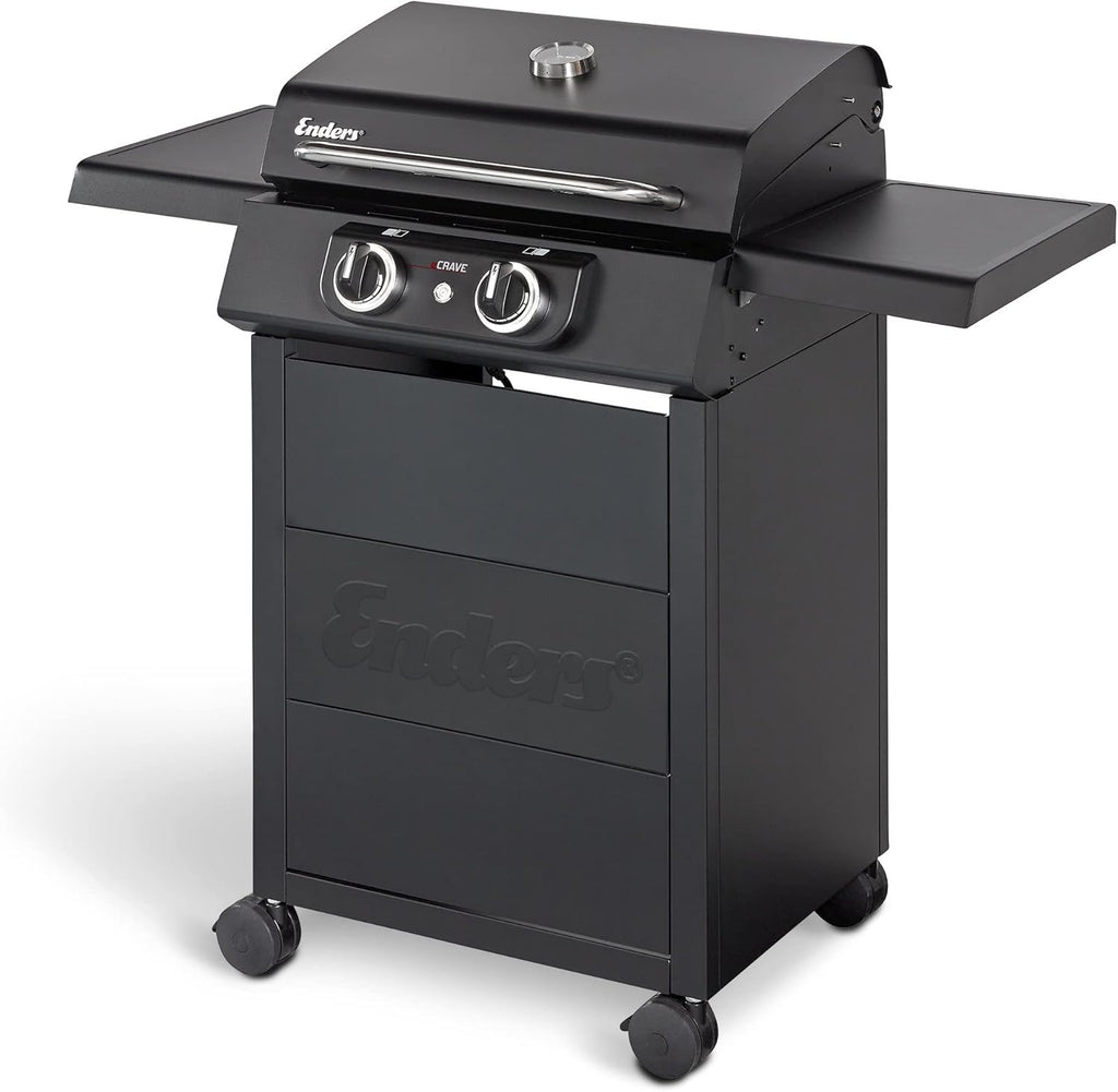 Barbacoa eléctrica Enders eCRAVE 2, con parrilla de hierro fundido, carrito con amplio espacio de almacenamiento, sistema de limpieza SIMPLE CLEAN™, 2 potentes elementos calefactores, tapa de cocción estable con termómetro integrado #97116