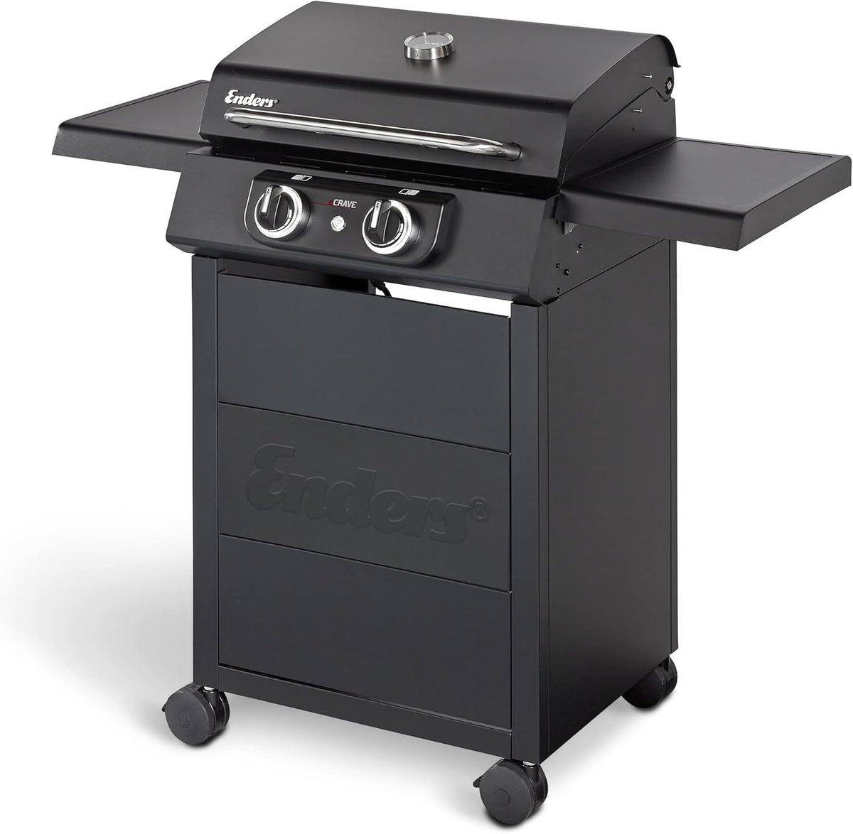 Barbacoa eléctrica Enders eCRAVE 2, con parrilla de hierro fundido, carrito con amplio espacio de almacenamiento, sistema de limpieza SIMPLE CLEAN™, 2 potentes elementos calefactores, tapa de cocción estable con termómetro integrado #97116