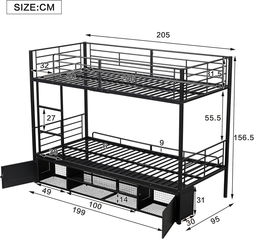 Litera cama infantil 90x200 cm, estructura de cama de metal con zapatero abierto y 2 armarios de almacenamiento con puertas, litera cama alta cama de hierro para niños, adolescentes y adultos, negro