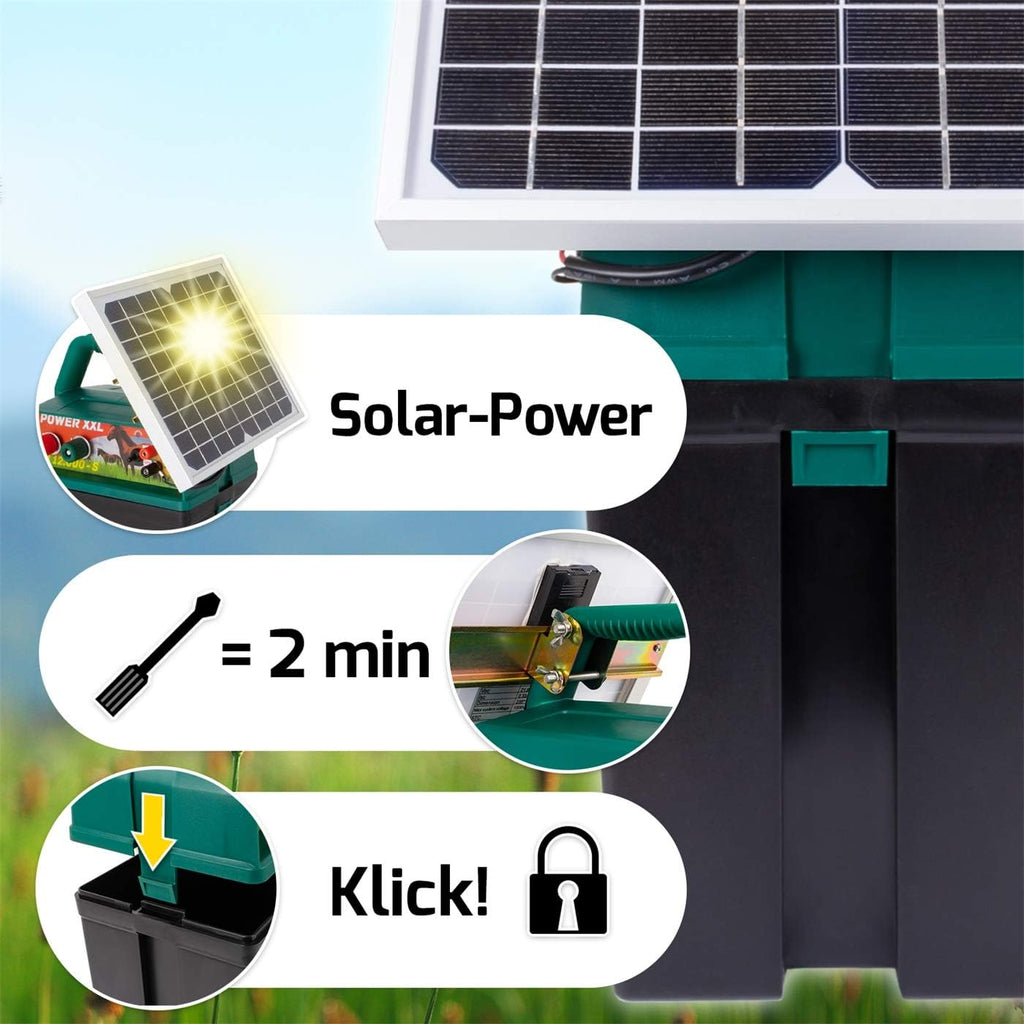 VOSS Power XXL B 12.000-S, 10.800V Potente pastor eléctrico solar 9V 12V, incl. batería de 55Ah y señal de advertencia, módulo solar de alta eficacia, para caballos, ponis, perros, gatos, garzas, ganado, cerdos