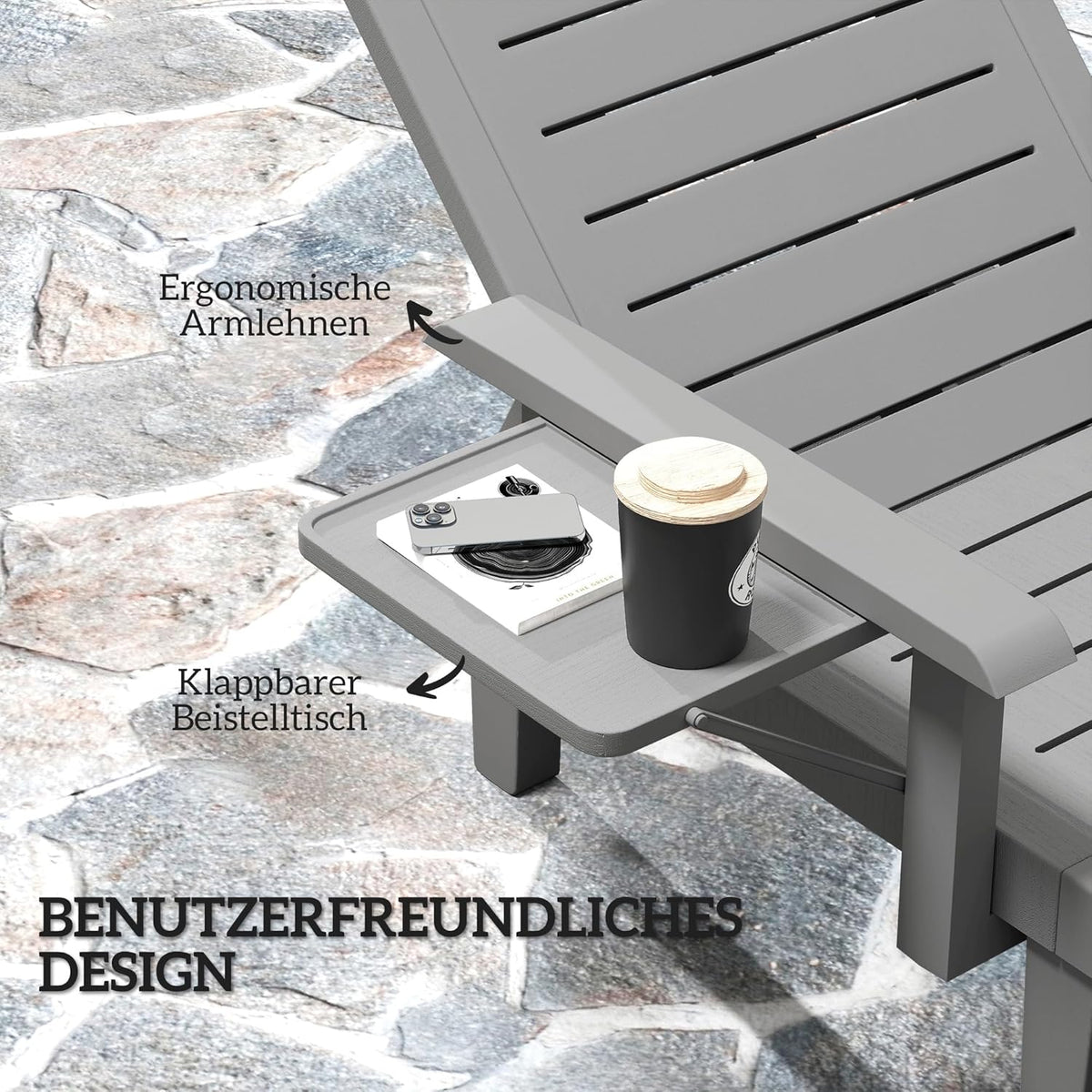 Outsunny Set de 2 tumbonas de jardín con mesa auxiliar, aspecto de madera, respaldo ajustable en 5 posiciones, silla de jardín resistente a la intemperie, carga máx. 120 kg, para jardín, exterior, playa, gris oscuro