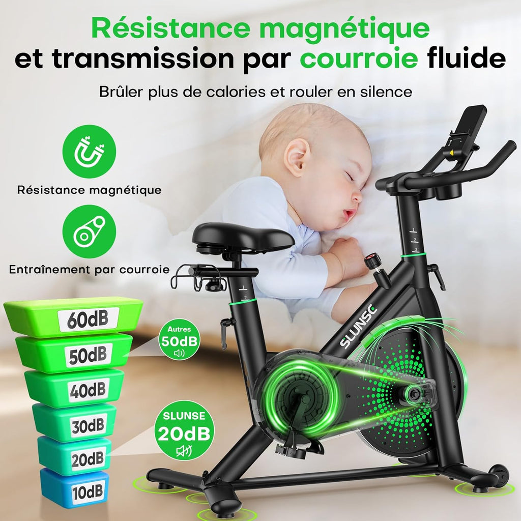 Bicicleta estática para casa, bicicleta de fitness interior silenciosa con resistencia ajustable, bicicleta estática con aplicación, soporte para mancuernas, pantalla LCD, asiento cómodo, capacidad de 180 kg