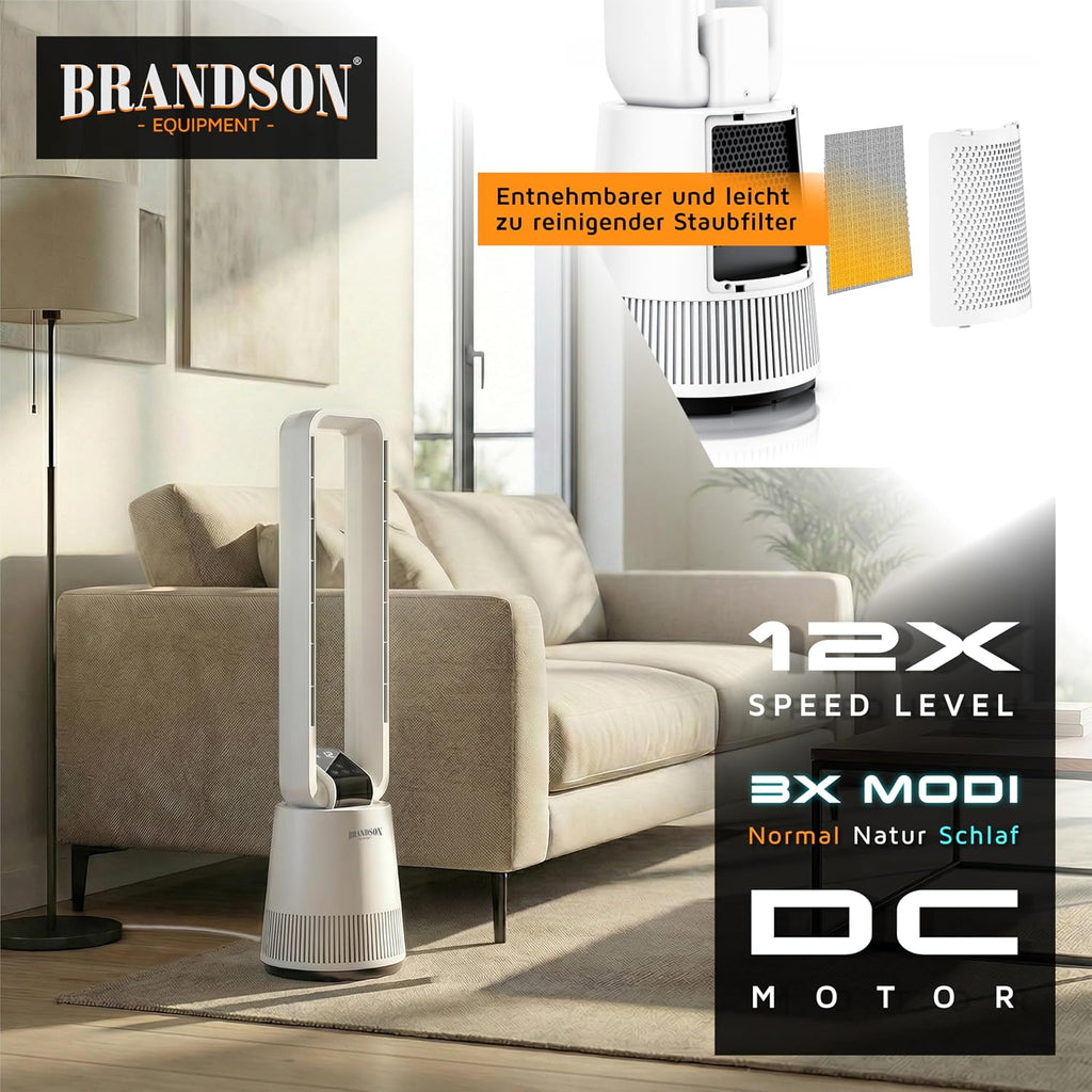 Brandson - Ventilador de torre DC ECO Line - Motor DC muy silencioso - Modo sueño - Con mando a distancia - 3 modos - Oscilación - Eficiencia energética - Para dormitorio, oficina, salón, habitación infantil