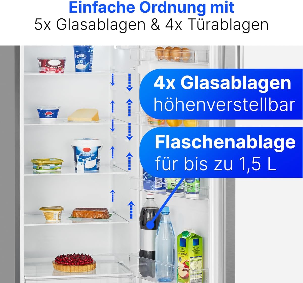 Réfrigérateur Bomann 242L inox VS7316-1-inox, Capacité nette : 242 litres, Éclairage intérieur à LED, Contrôle de la température en continu, 5 clayettes en verre