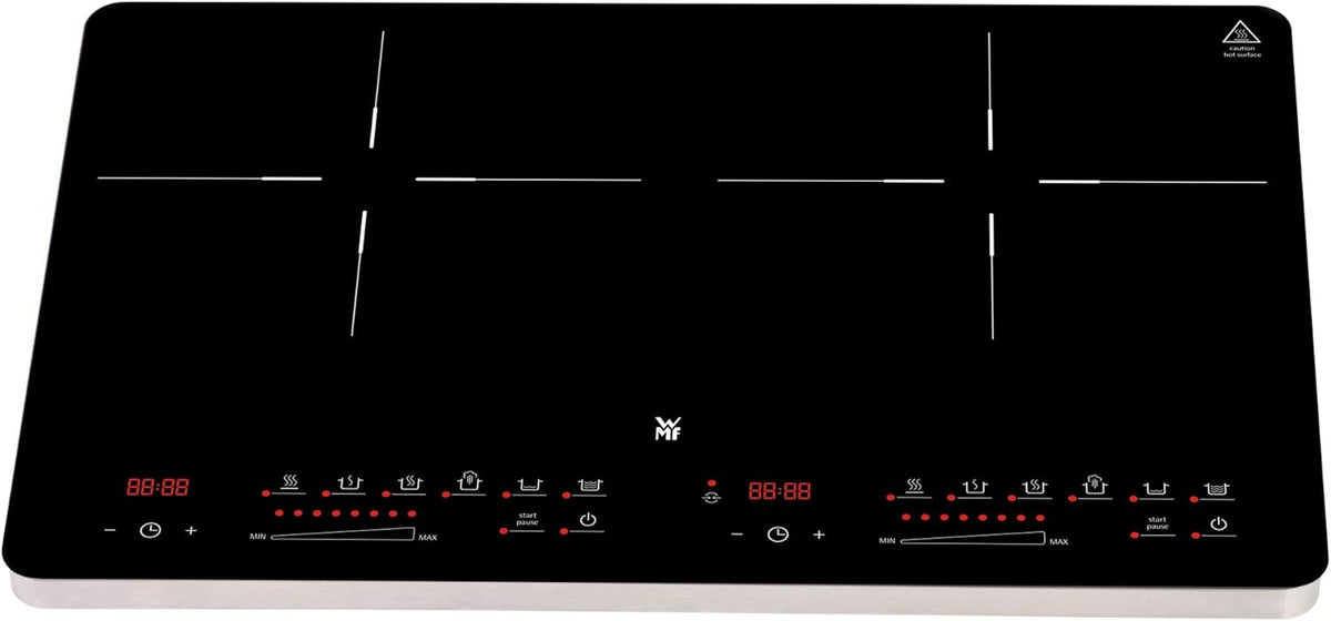 Placa de inducción doble WMF Kult X, 2 fuegos, placa de cocción hasta 28 cm, 2 zonas de cocción, 8 niveles, detección de ollas, pantalla táctil, vitrocerámica, función de temporizador, 3500 W