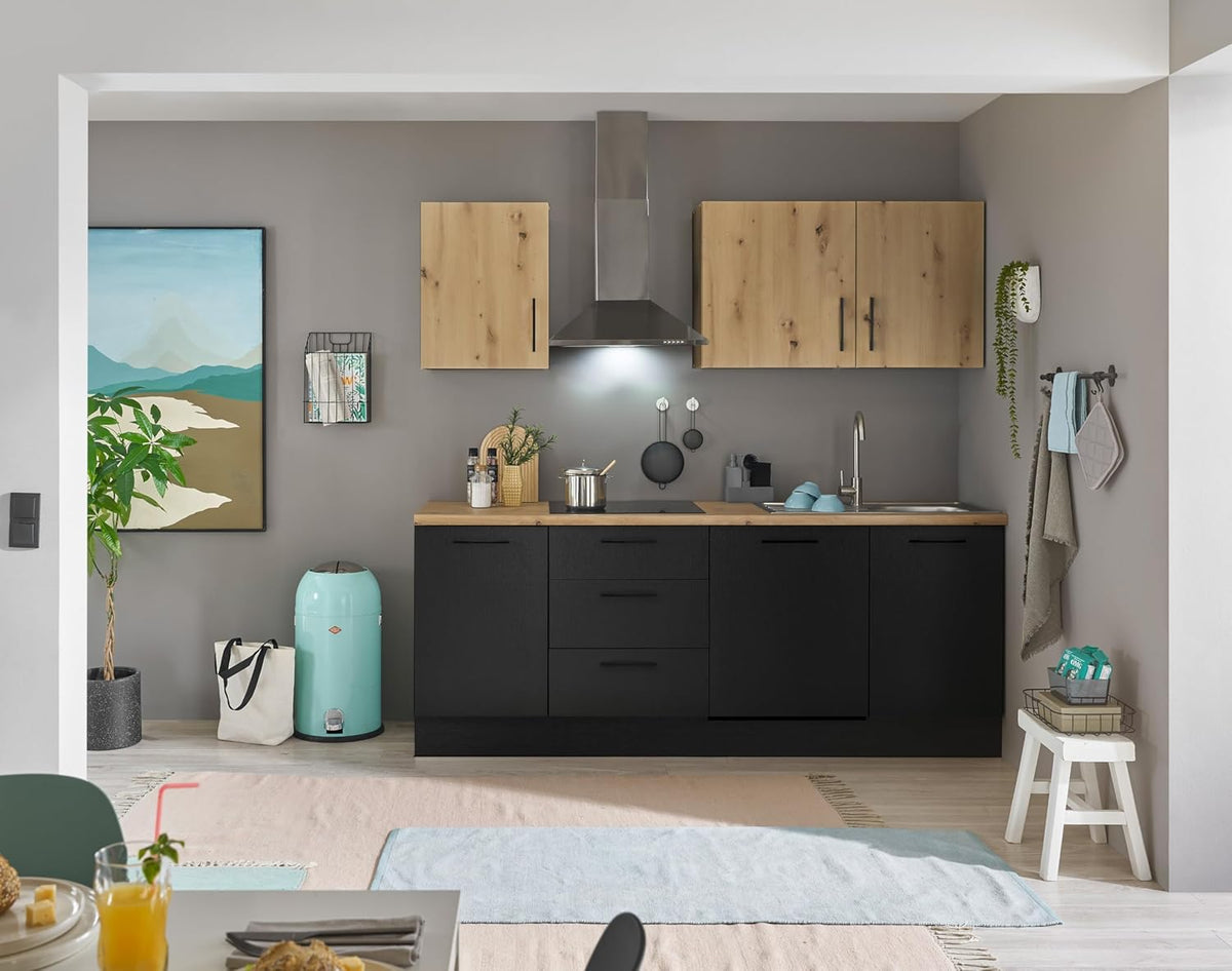 Stella Trading Turin ZB Cocina compacta 220 x 211 x 60 cm, negro - Sin electrodomésticos - Cocina moderna y espaciosa con aspecto de roble Artisan y gran capacidad de almacenamiento