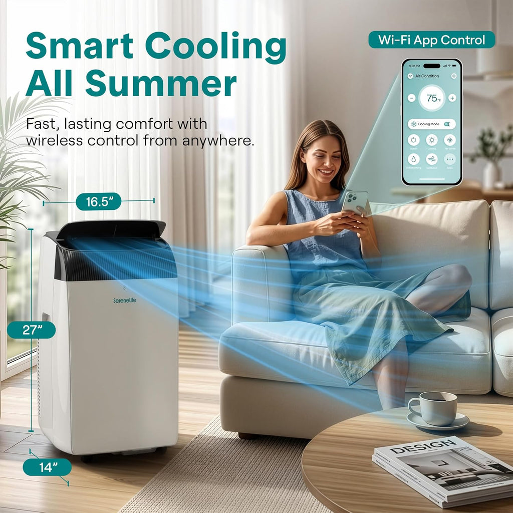 Aire acondicionado portátil SereneLife de 12,000 BTU con deshumidificador, calefacción y ventilador | Unidad de aire acondicionado portátil con Wi-Fi para control climático en áreas amplias | Aire acondicionado compacto de pie con kit para ventana