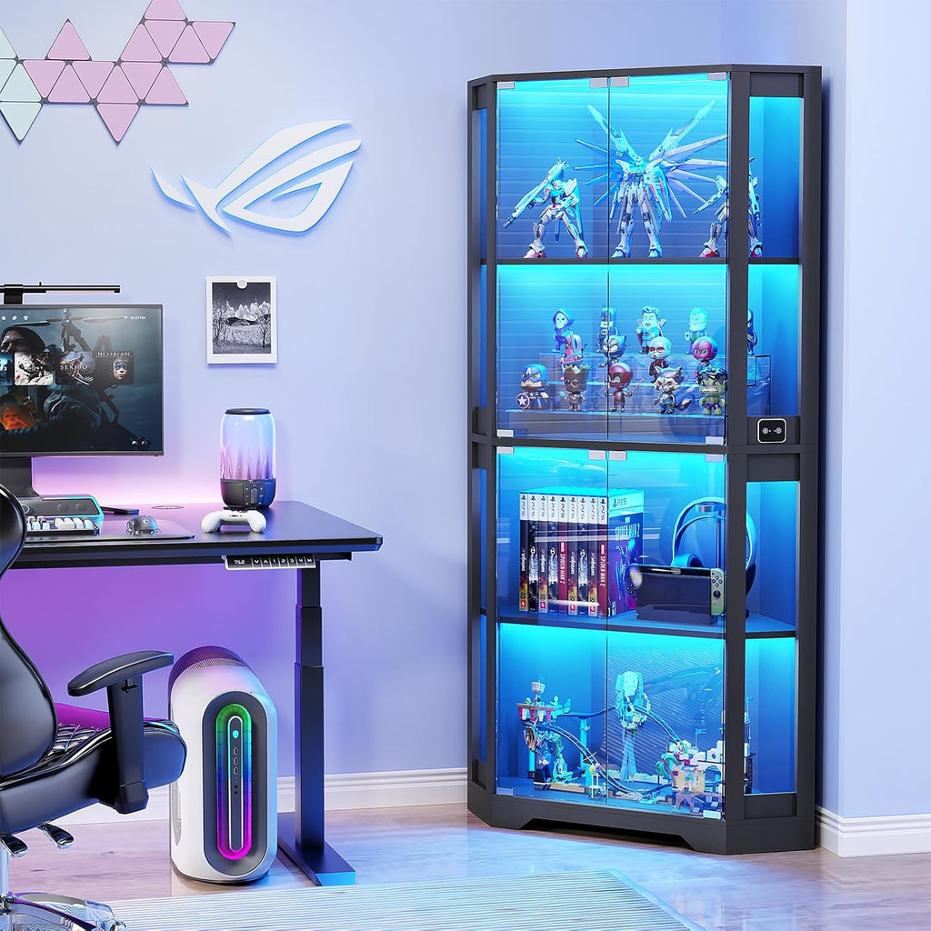 Vitrina esquinera BROTTAR con puertas de cristal, estantería esquinera alta de 165 cm con iluminación LED de 3 colores, armario expositor de 4 niveles con sensor inteligente para salón, dormitorio u oficina, negro