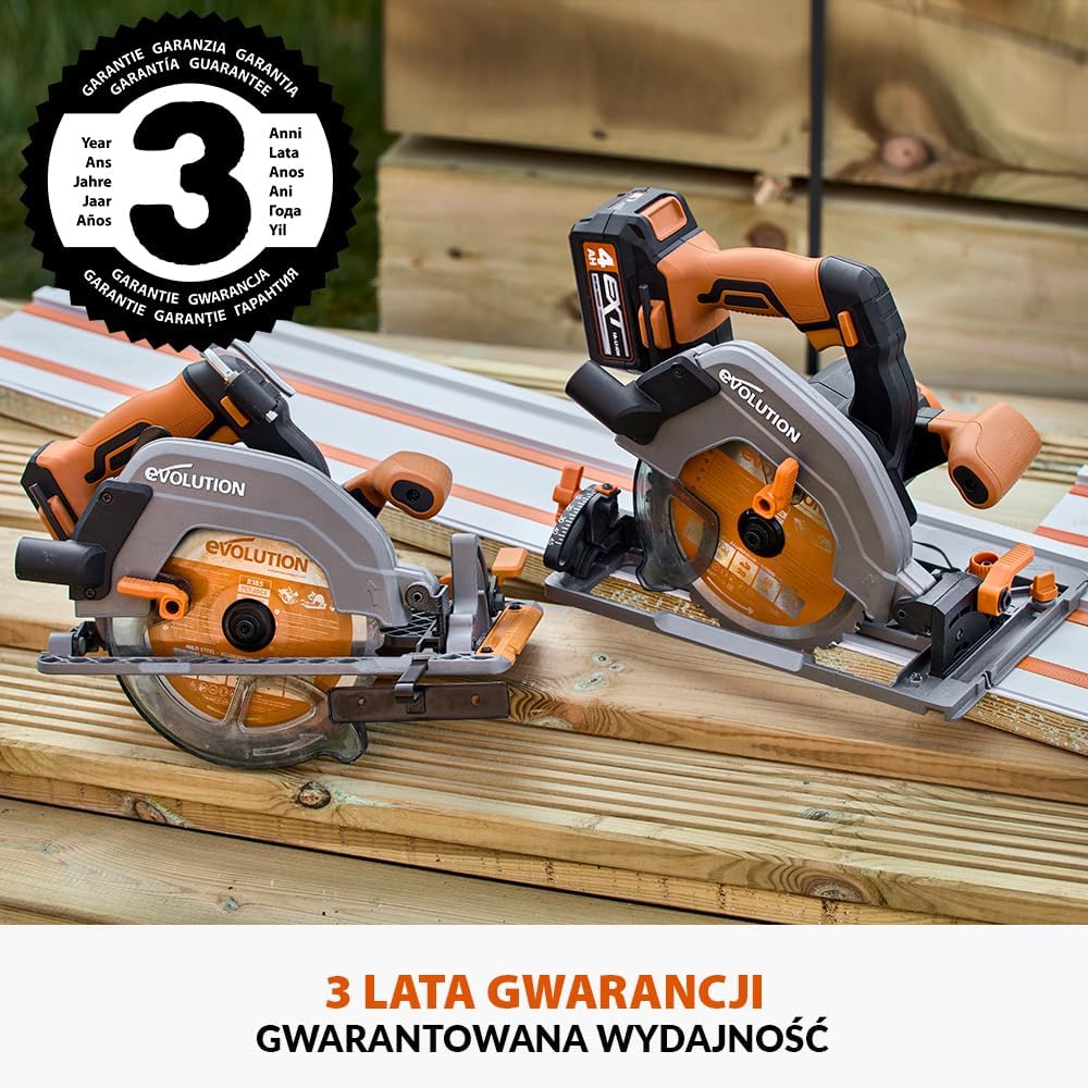Evolution Power Tools R185CCS-Li Pilarka tarczowa akumulatorowa bezszczotkowa 18 V Li-Ion z tarczą do wielu materiałów, do cięcia drewna, metalu, plastiku, z prowadnicą, bez akumulatora, 185 mm