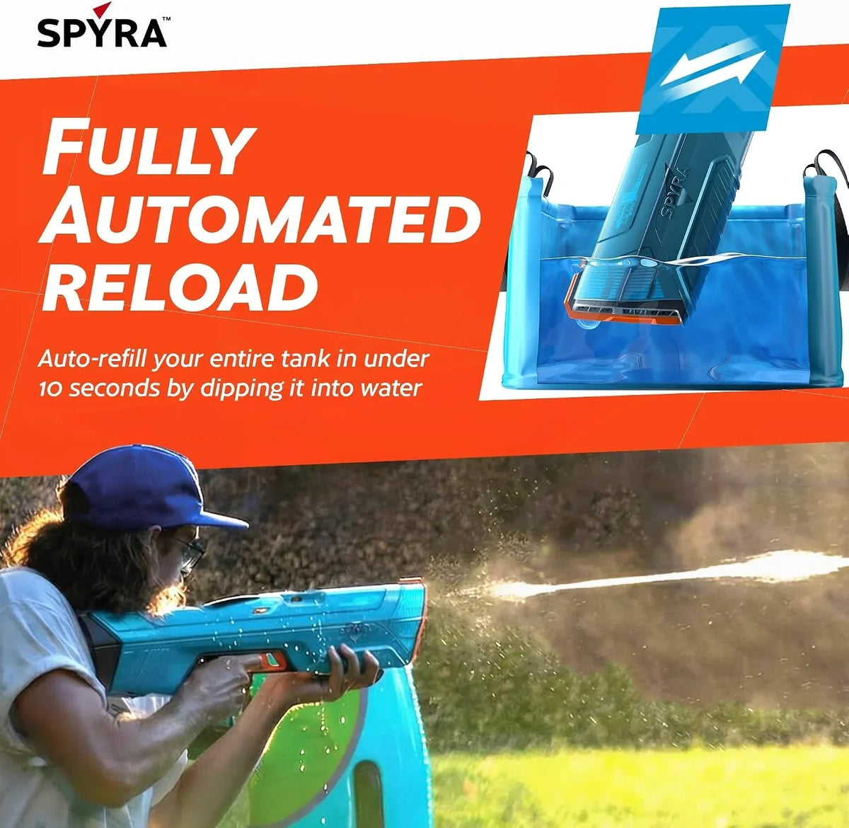 Lanzador de agua SP4 con recarga automática, depósito de 1,5 litros, modos de disparo adaptativos, pantalla inteligente y alcance de hasta 15 m
