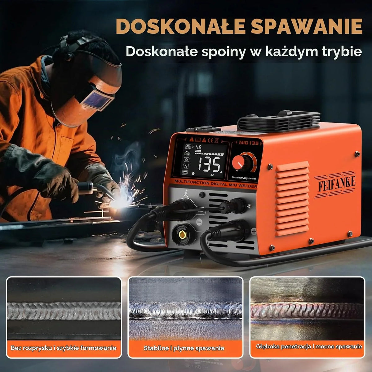 FEIFANKE MIG135 Spawarka bezgazowa 135A 220V Elektrody Synergia Spawarka 3 w 1 MIG/ARC/Lift TIG IGBT inwerter spawalnicza z drutem 1,0 mm, pistolet spawalniczy MIG