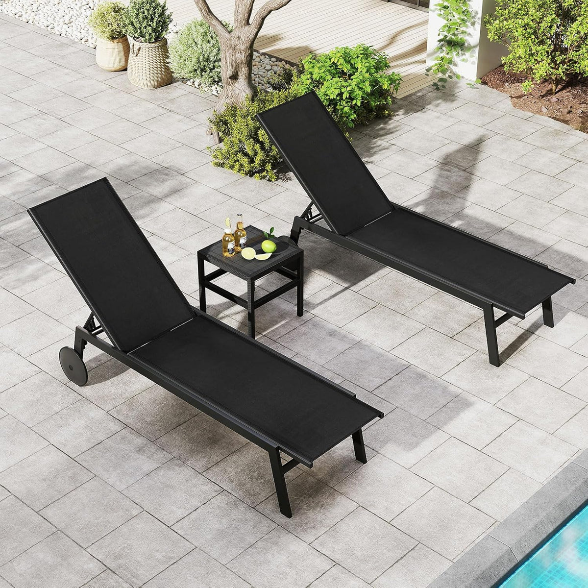 COSTWAY Juego de 2 tumbonas con ruedas, tumbona de jardín con respaldo ajustable y tejido de secado rápido, tumbona con ruedas con capacidad de carga de 150 kg, silla reclinable para jardín, balcón, terraza (negro)