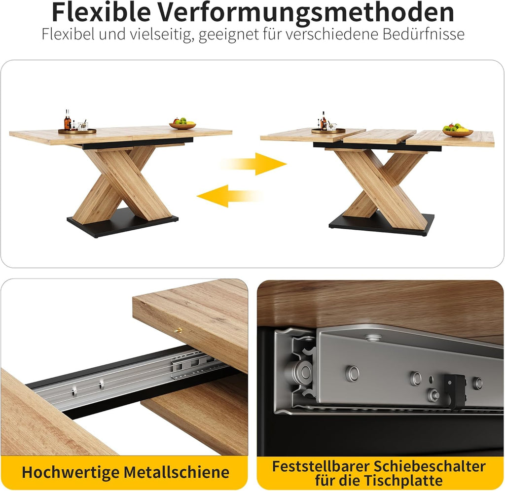 Mesa de comedor extensible con patas en forma de X para 4-6 personas, mesa de cocina y comedor con tablero de madera veteada, mesa de comedor extensible, 119-158.8x80x75 cm, color madera