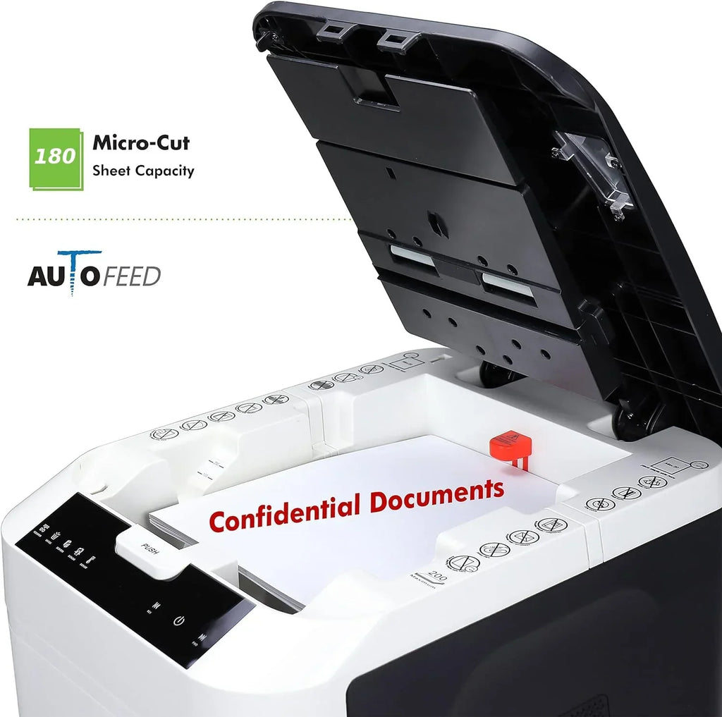 Destructora de documentos LMG Alemania con alimentación automática P4, 180 hojas, corte cruzado, apagado automático, 58 dB, 32 litros, pantalla táctil, compatible con RGPD