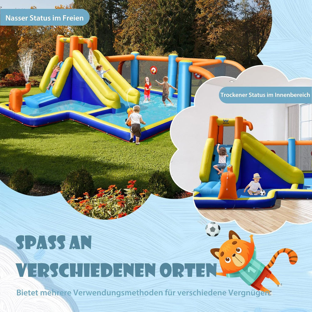COSTWAY Castillo hinchable con soplador, tobogán acuático, piscina infantil, zona de fútbol, muro de escalada, dos cañones de agua y juego de diana, piscina de juegos 500 x 465 x 200 cm