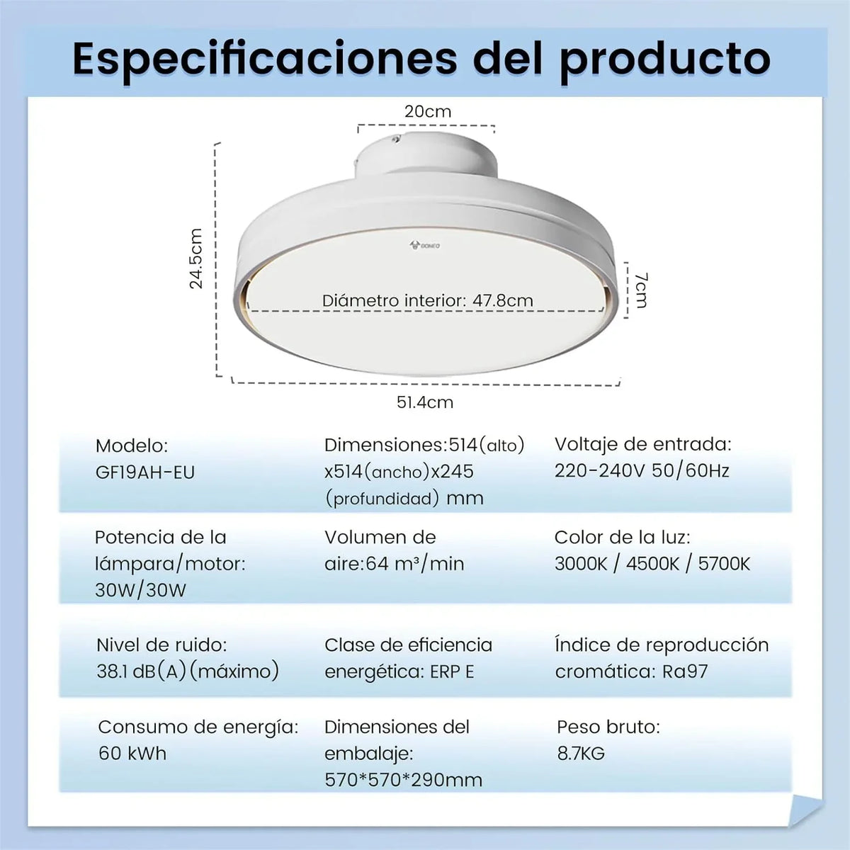 Ventilador de techo silencioso sin aspas con luz regulable, motor DC de 30W, luz LED CCT de 3000-5700K (60W total), con mando a distancia, 6 velocidades, temporizador y función de memoria, apto para salón y dormitorio.