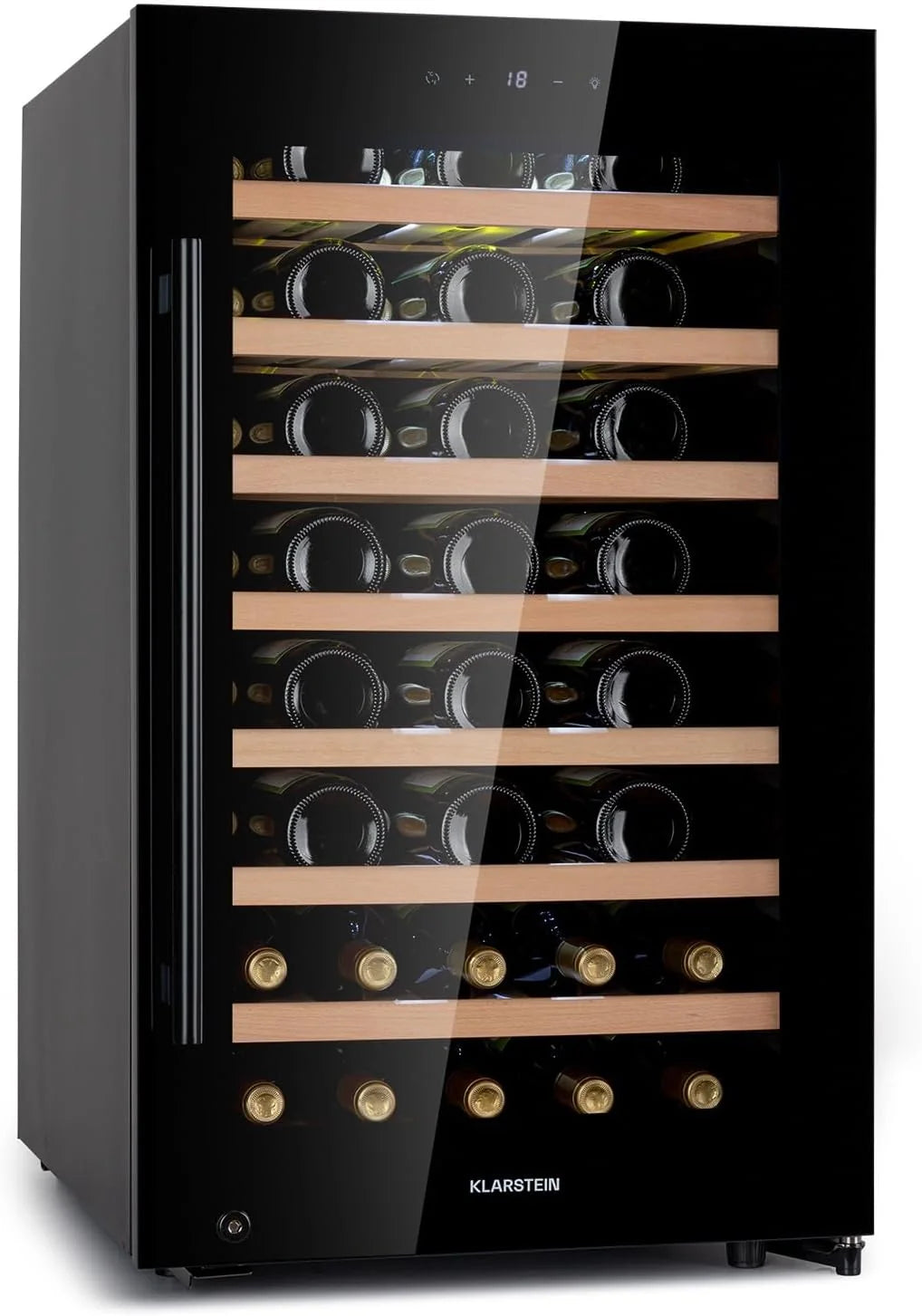 Klarstein Chłodziarka do wina wolnostojąca, Mała wąska lodówka na napoje, 1 strefa, chłodziarka ze szklanymi drzwiami, Beersafe Indoor/Outdoor, Mała lodówka z ochroną UV, 5-18°C, 52 butelki