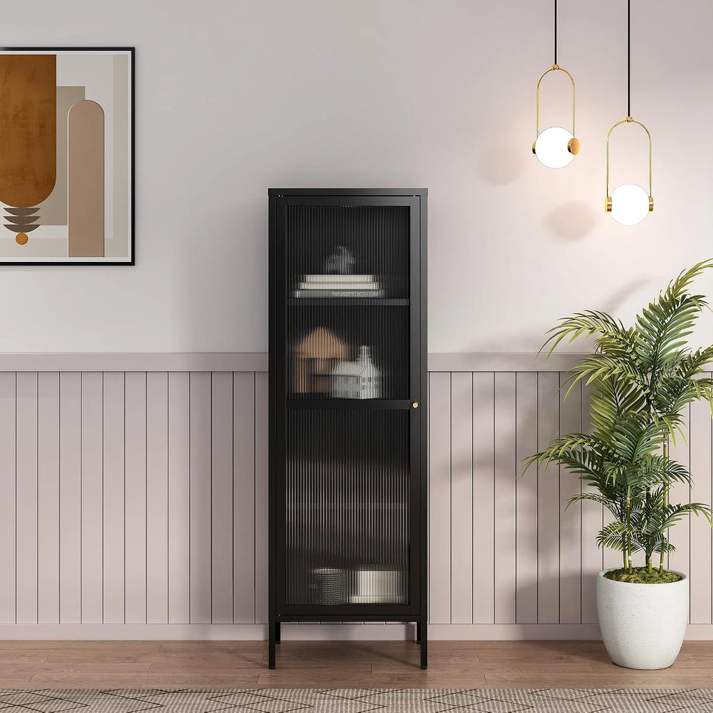 [en.casa] Szafa z witryną Säkylä regał na książki z 4 półkami, 150 x 50 x 35 cm, szafka kuchenna z 1 drzwiami, uniwersalna szafka, witryna, metalowa, czarna