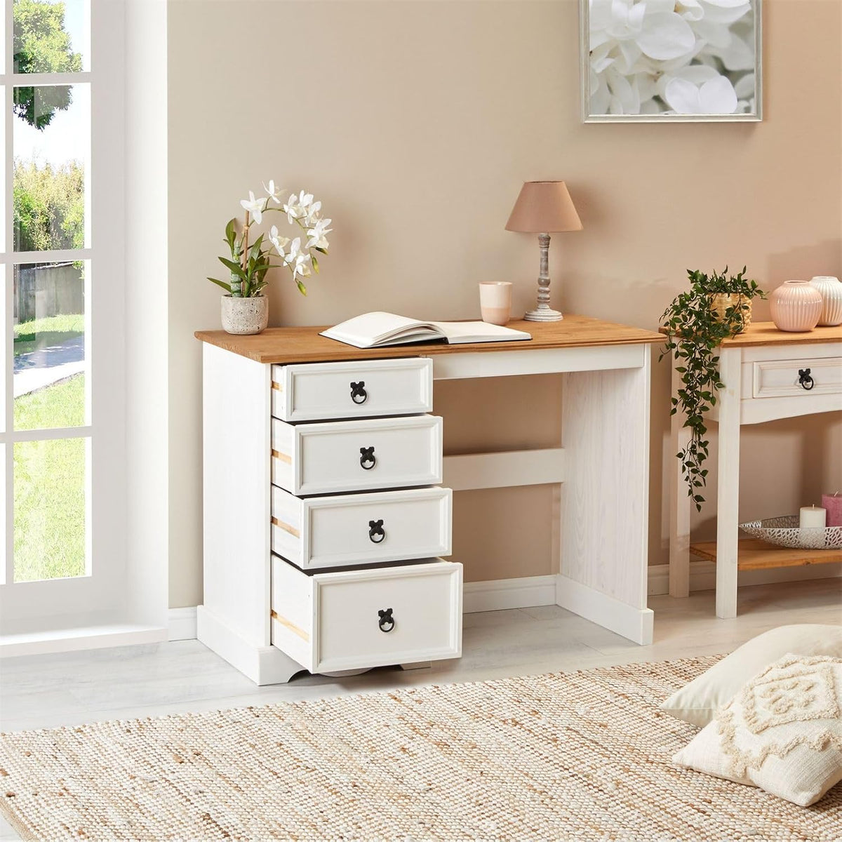 Escritorio Campo de estilo rústico, elegante mesa de madera maciza de pino, mesa de oficina con cajones