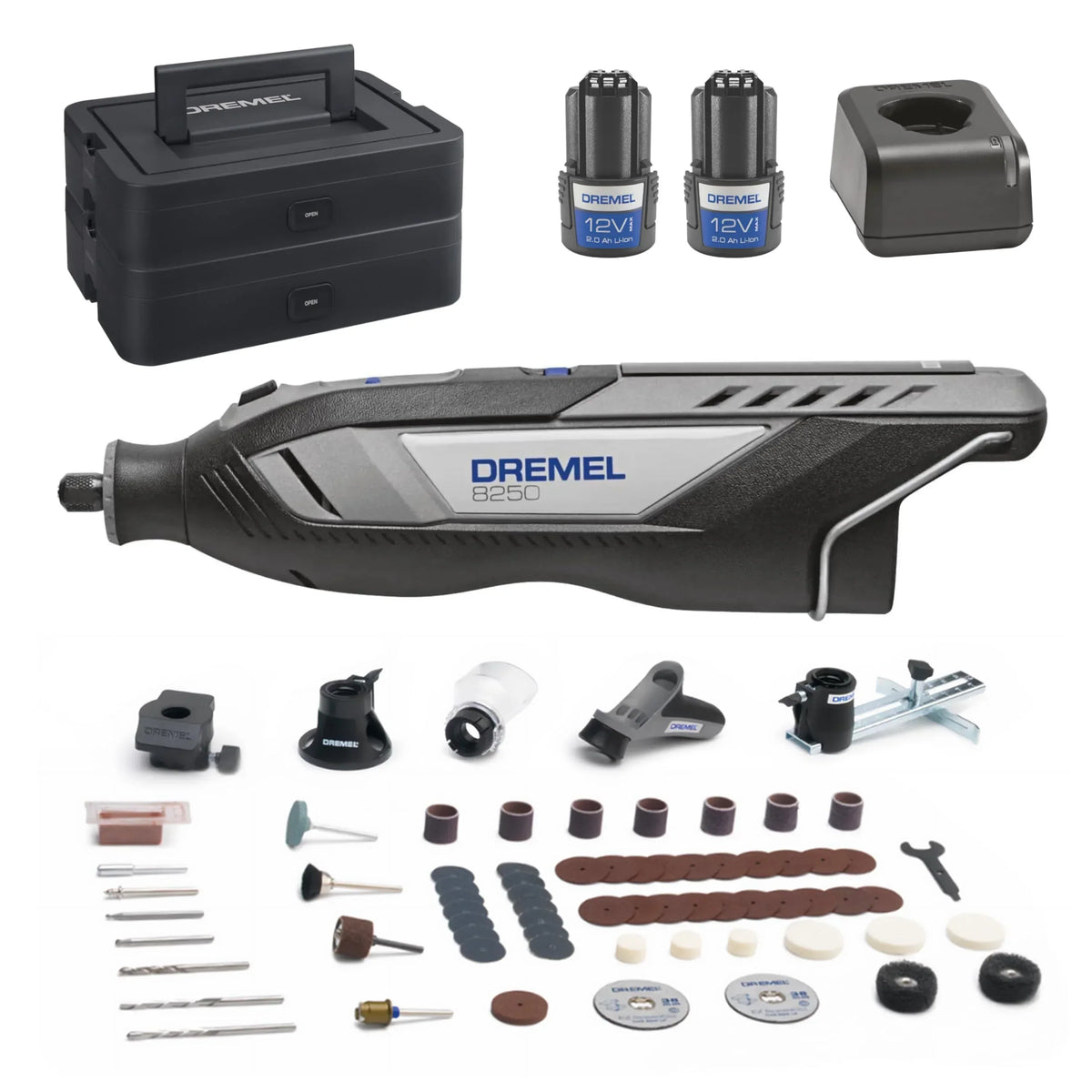 Herramienta rotativa inalámbrica DREMEL 8250 de 12V sin escobillas, 5.000 a 30.000 rpm, 65 accesorios, 2 baterías y cargador
