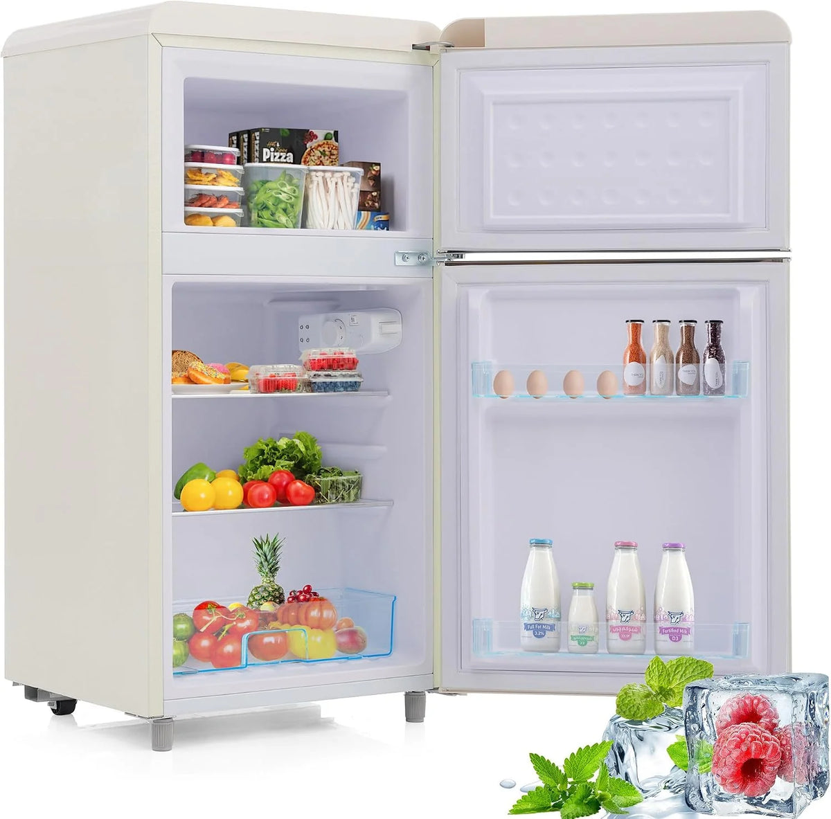 Lodówka w stylu retro, model z podwójnymi drzwiami, pojemność lodówki 51 litrów, zamrażarka 21 litrów, zużycie energii 120 kWh/rok, oświetlenie LED, kompaktowa i energooszczędna White
