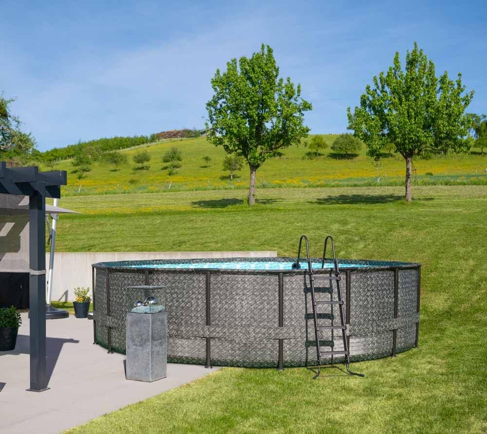 Piscina desmontable con estructura Summer Waves | Redonda 549x132 cm aspecto ratán gris | Set de piscina elevada | Piscina de jardín incl. bomba de filtro, tapiz de suelo, cobertor y escalera de seguridad