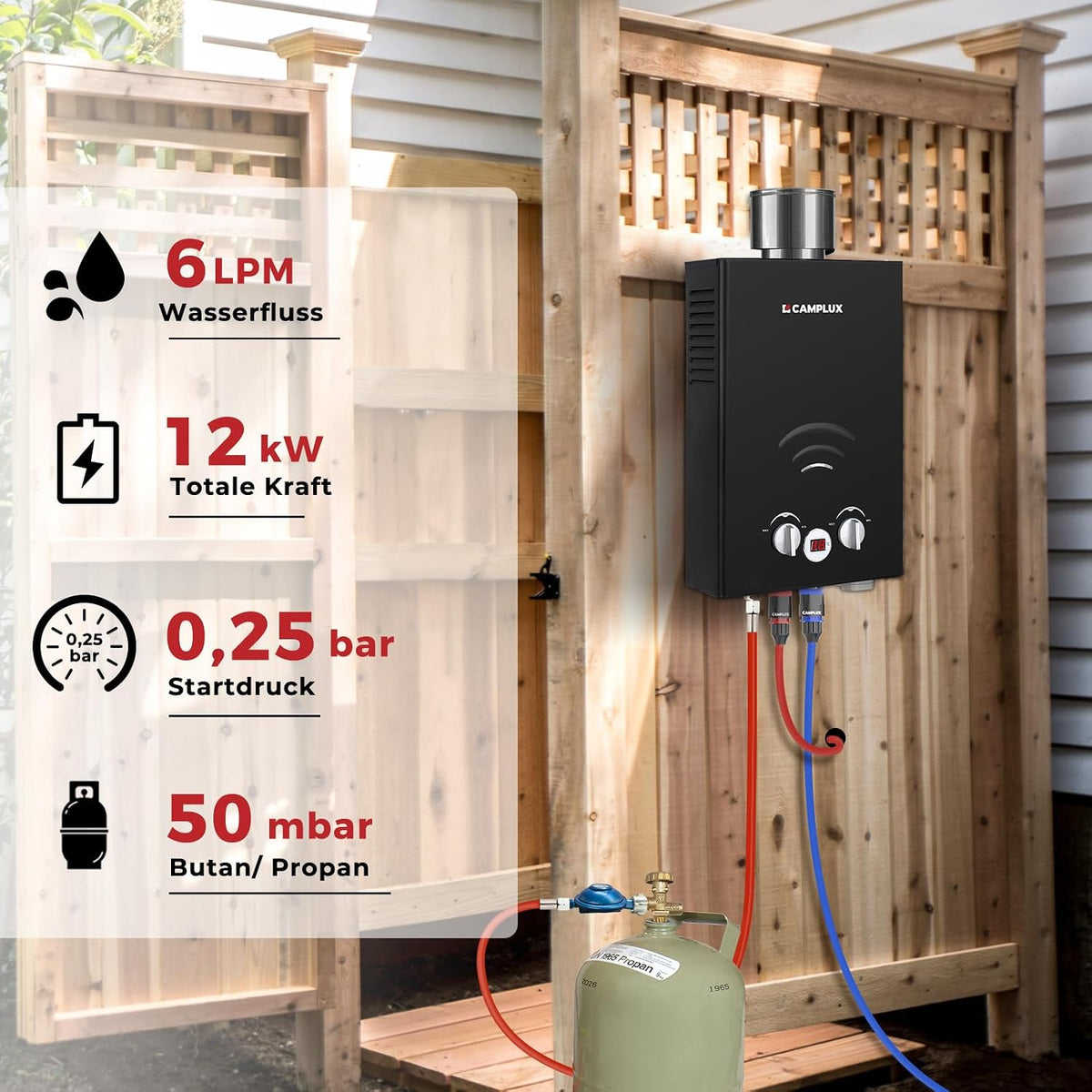 CAMPLUX BW158BC-DE Calentador de agua a gas sin tanque con cubierta impermeable, calentador portátil de GLP, 6 litros, 12 kW, 50 mbar, ducha de camping