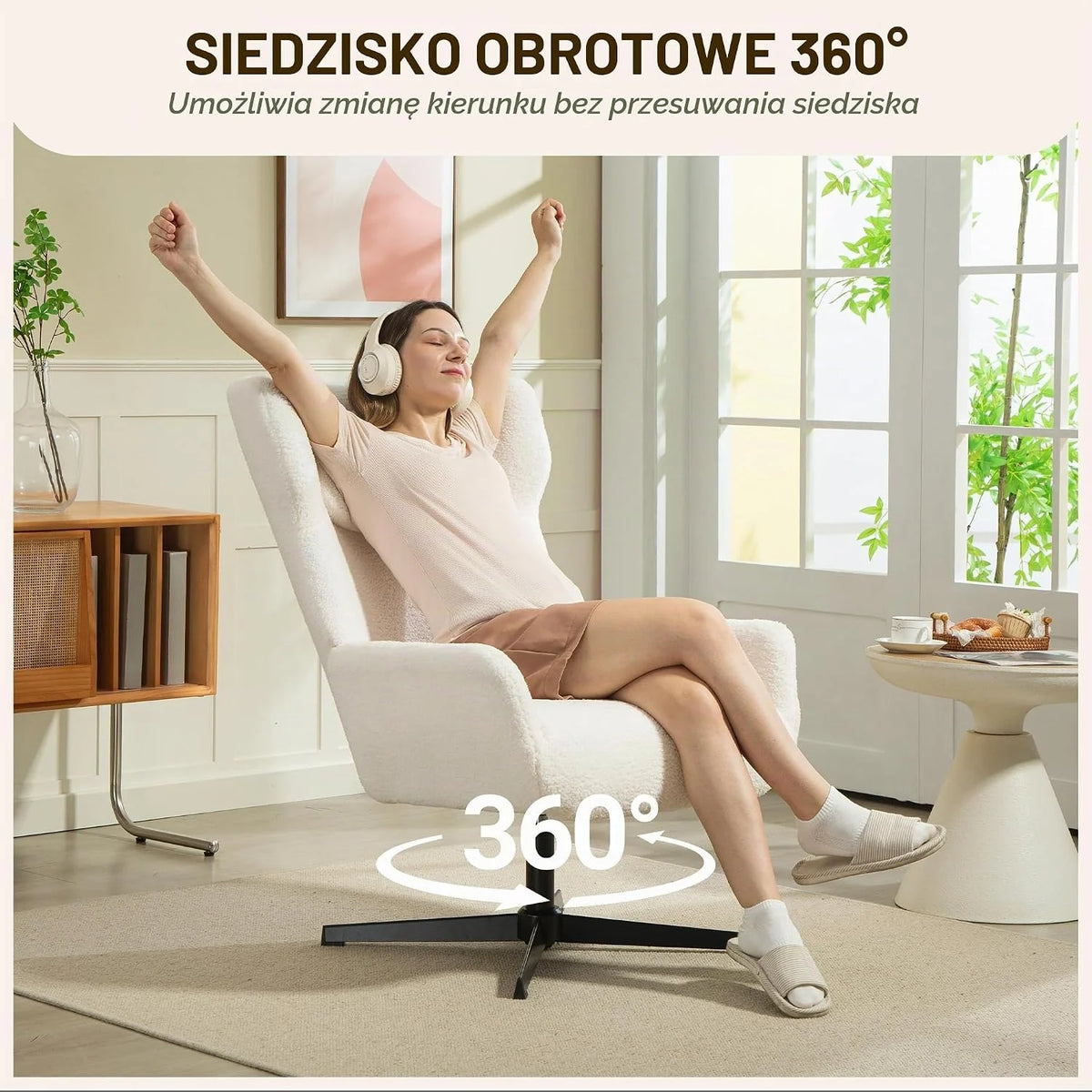 HOMCOM Fotel z uszami, obrotowy, z metalowymi nogami, do salonu, kremowy