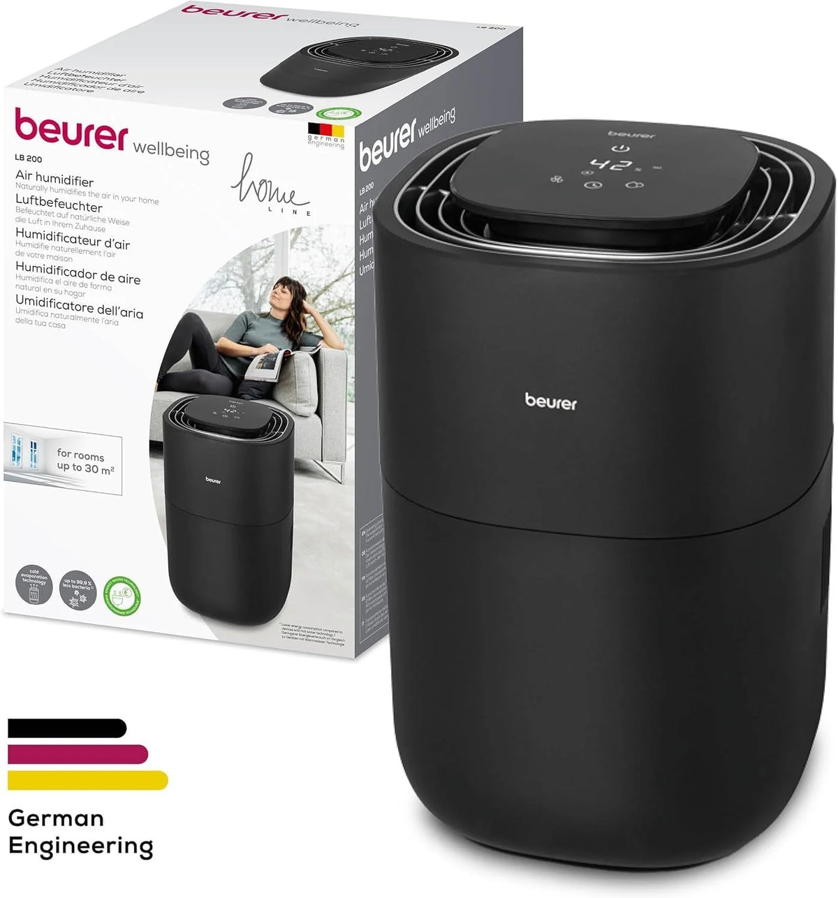 Beurer LB 200 Nawilżacz z energooszczędną technologią zimnego parowania, higieniczne stałe nawilżanie powietrza, z funkcją osuszania filtra, 3 poziomy nawilżania, do pomieszczeń o pow. do ok. 30m