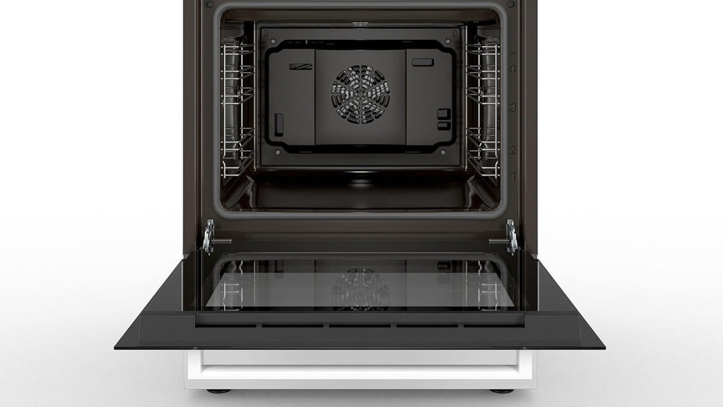 Cocina eléctrica de libre instalación Bosch Serie 4 HKR39C250, 60 cm de ancho, asistente de limpieza EcoClean Direct, aire caliente 3D para hornear en 3 niveles, control por pantalla LED, zona de cocción ampliable para recipientes grandes