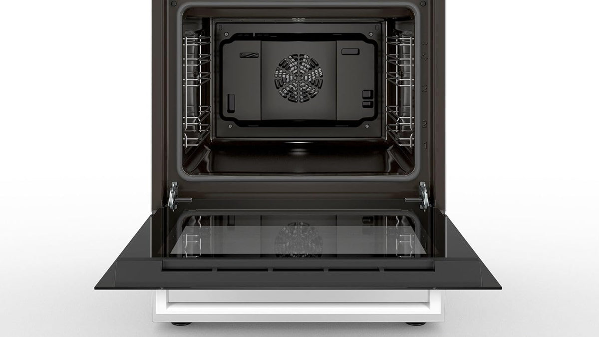 Cocina eléctrica de libre instalación Bosch Serie 4 HKR39C250, 60 cm de ancho, asistente de limpieza EcoClean Direct, aire caliente 3D para hornear en 3 niveles, control por pantalla LED, zona de cocción ampliable para recipientes grandes