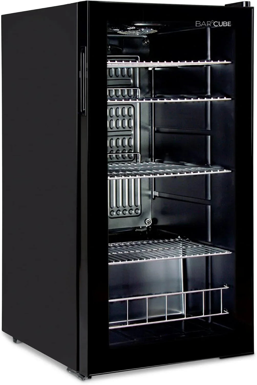 °CUBES Mininevera 90L con puerta de cristal y 4 estantes variables | Nevera compacta para bebidas, perfecta para el hogar, oficina, fiestas y hostelería | Elegante nevera con puerta de cristal, negra