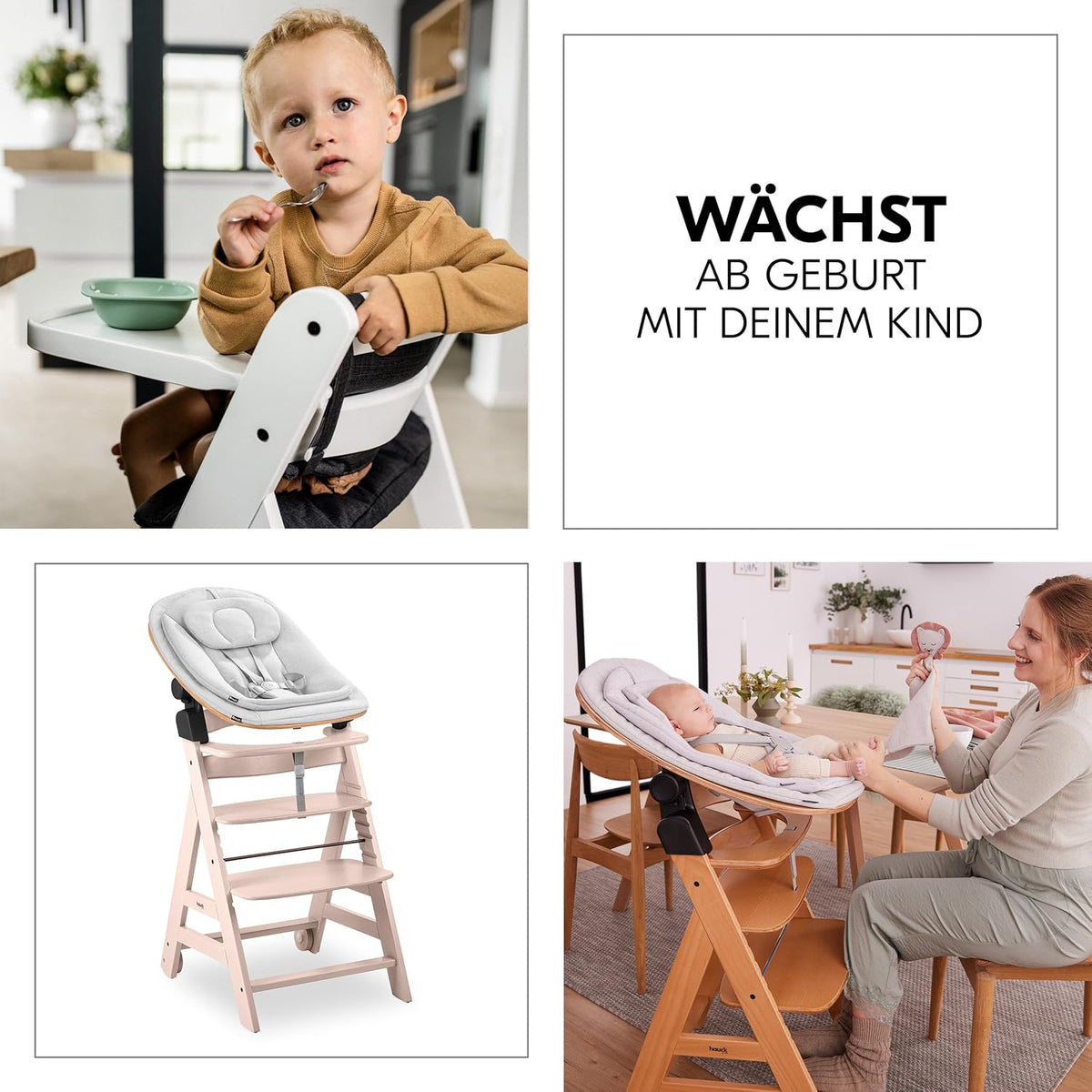 Hauck Trona Beta+ Newborn Set Eco Bouncer - Trona de madera evolutiva para bebés desde el nacimiento, incluye accesorio para recién nacidos, cojín de asiento y bandeja - Gris oscuro