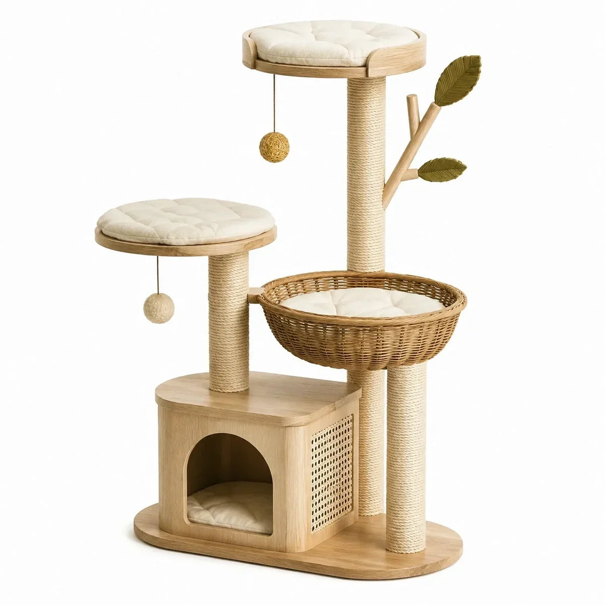 Árbol para gatos de madera aglomerada y sisal, colores naturales, beige, marrón y verde, 105 × 55 × 150 cm, con cueva para gatos, cesta de descanso y pelotas de juego