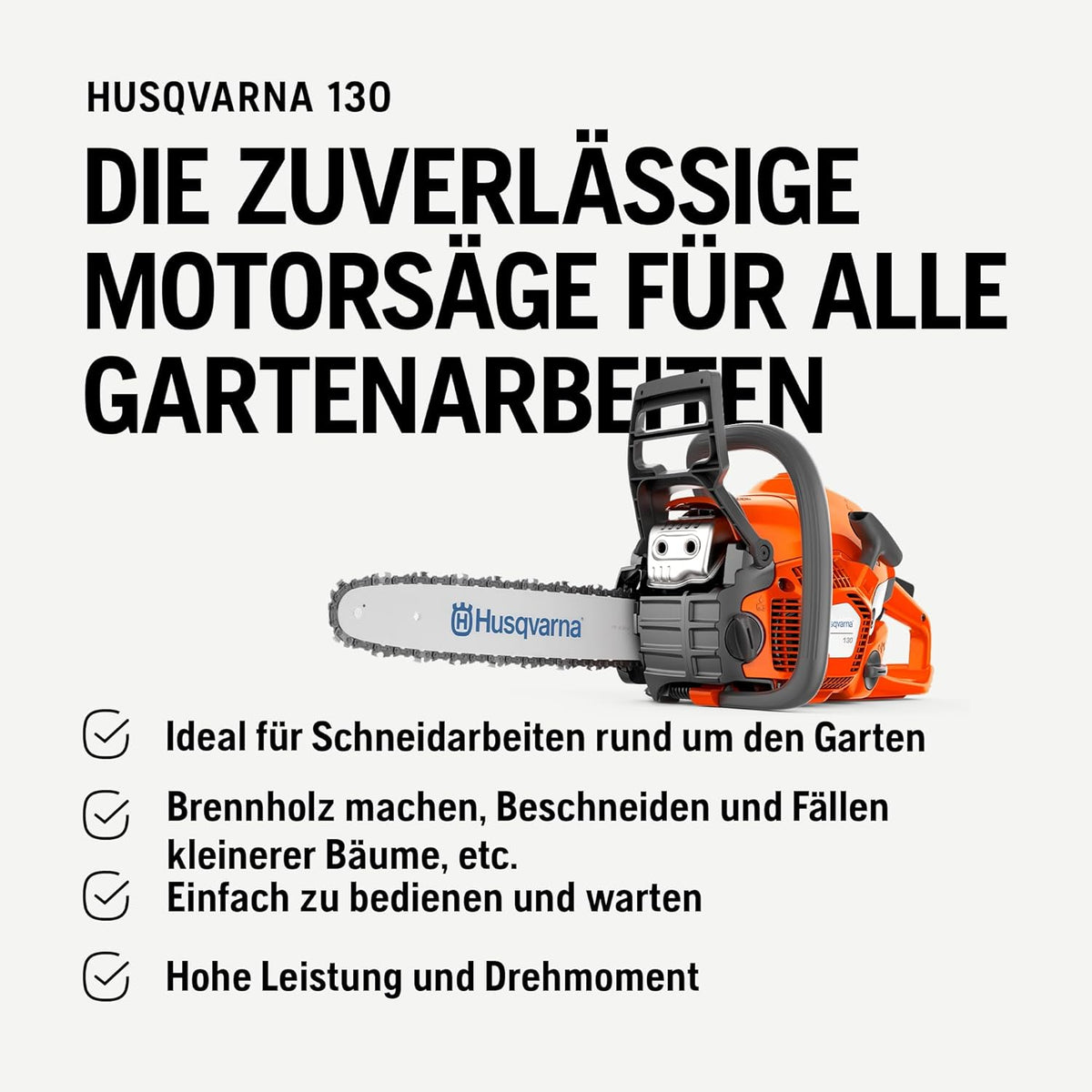 Motosierra de gasolina Husqvarna 130 - Motor X-Torq® de 38 cc, espada y cadena de 35 cm, LowVib®, ideal para el cuidado del jardín y leña