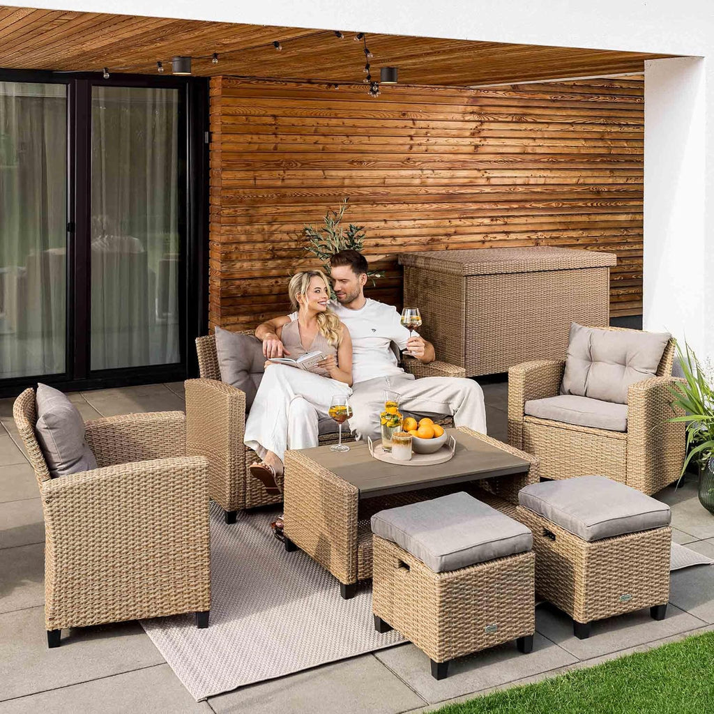 Set de muebles de jardín de poliratán Firenze de di volio - Conjunto lounge con sofá doble, 2 sillones, 2 taburetes y mesa - Set de muebles de jardín con aspecto de ratán, incluye una manta de forro polar