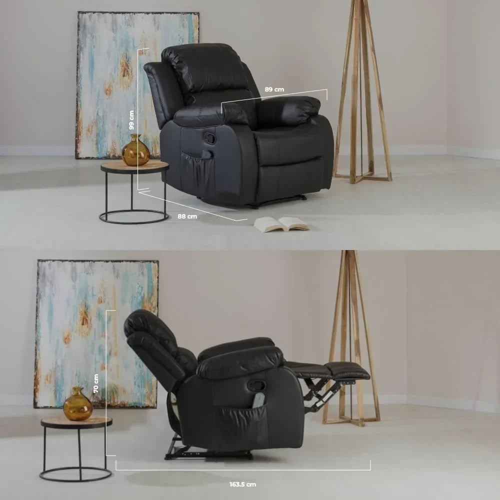 Don Descanso - Sillón Relax Masaje Calor Trevi Negro Reclinable 160º con 8 Motores Silenciosos, Calor Lumbar, Sistema de Masaje de 4 Zonas y Acabado en PU Anti-Cuarteo [Incluye Mando]. Ideal para Personas Mayores
