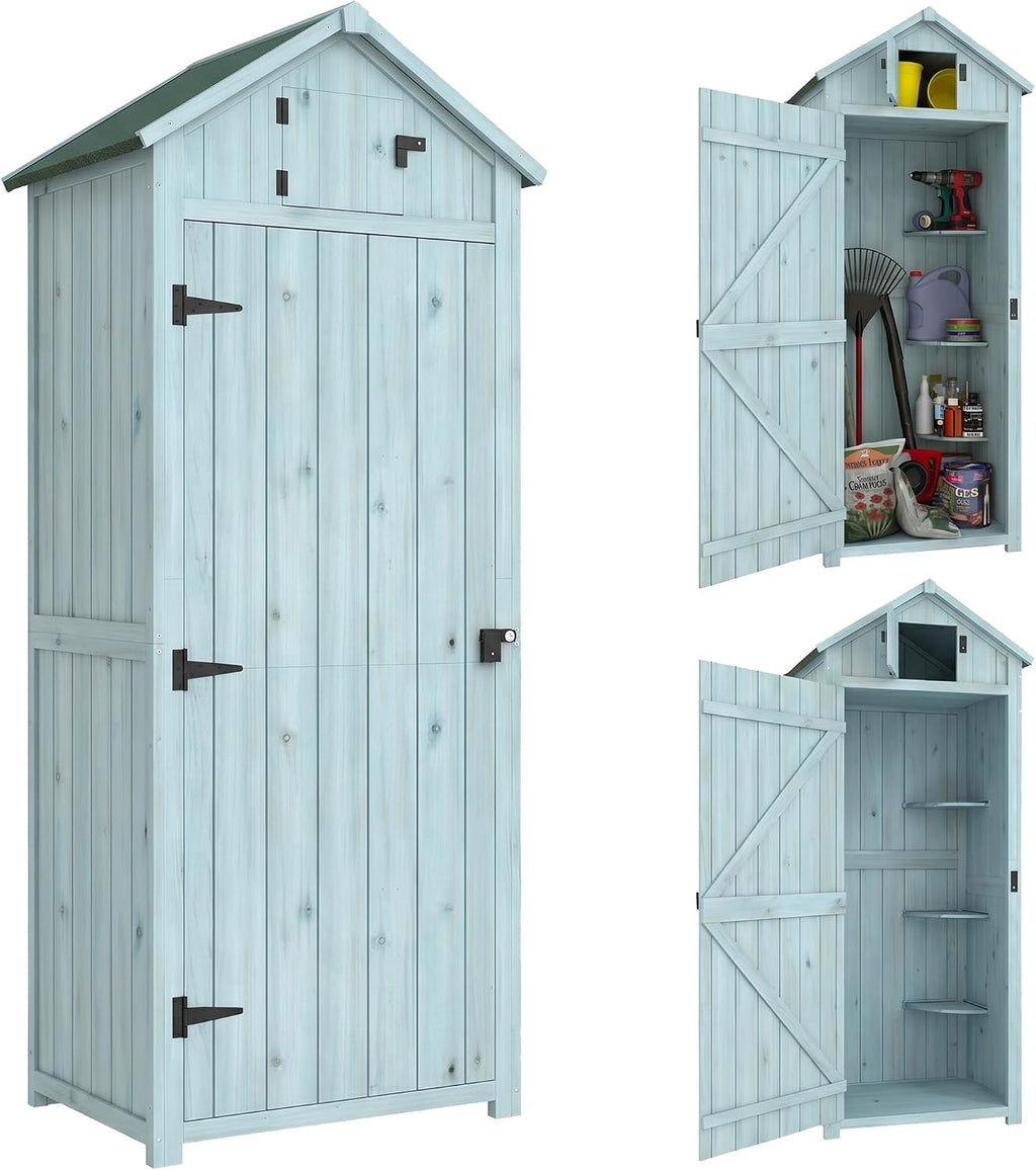 Armario de jardín Outsunny de madera, cobertizo resistente a la intemperie 77x54,2x179cm, caseta con puerta, techo a dos aguas, armario con estantes, armario para herramientas, cobertizo para jardín, terraza, azul claro+verde