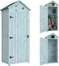 Armario de jardín Outsunny de madera, cobertizo resistente a la intemperie 77x54,2x179cm, caseta con puerta, techo a dos aguas, armario con estantes, armario para herramientas, cobertizo para jardín, terraza, azul claro+verde