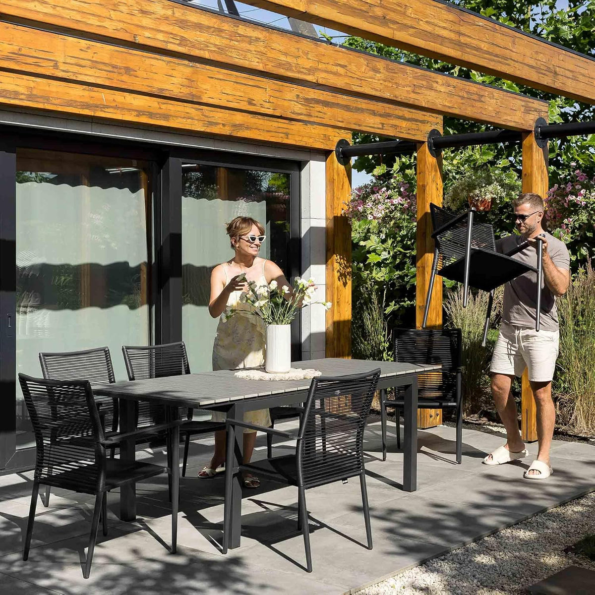 Mesa de jardín extensible di volio Drena 160x210 cm, mesa de terraza de aluminio resistente a la intemperie con aspecto de madera, mesa de comedor estable para jardín, terraza y balcón (gris)