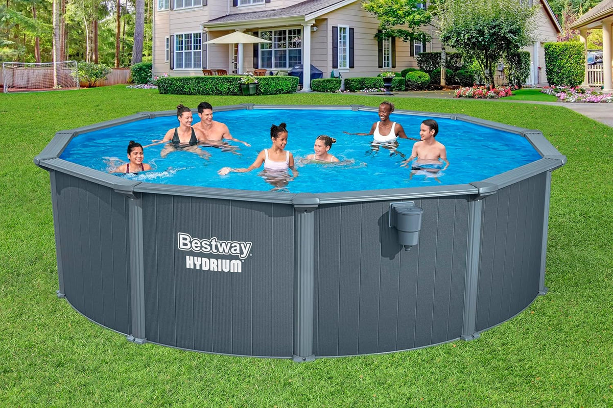 Set completo de piscina con pared de acero Bestway Hydrium redonda 488 x 132 cm, efecto madera gris, piscina de jardín, piscina elevada, filtro de arena