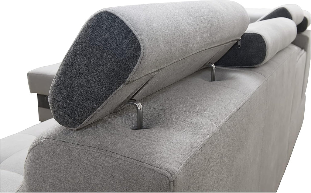 Sofá rinconero Robin Inspire Grand con función cama plata-antracita izquierdo | Sofá en forma de L con arcón, función relax, 2 taburetes y reposacabezas. Conjunto de salón con opción de dormir.