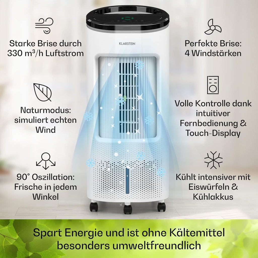 Enfriador de aire Klarstein con refrigeración por agua, enfriador evaporativo 4 en 1 silencioso, humidificador, ventilador y modo nocturno, aire acondicionado portátil de 7 L, enfriador de aire de 65 W, flujo de aire refrigerante de 330 m³/h