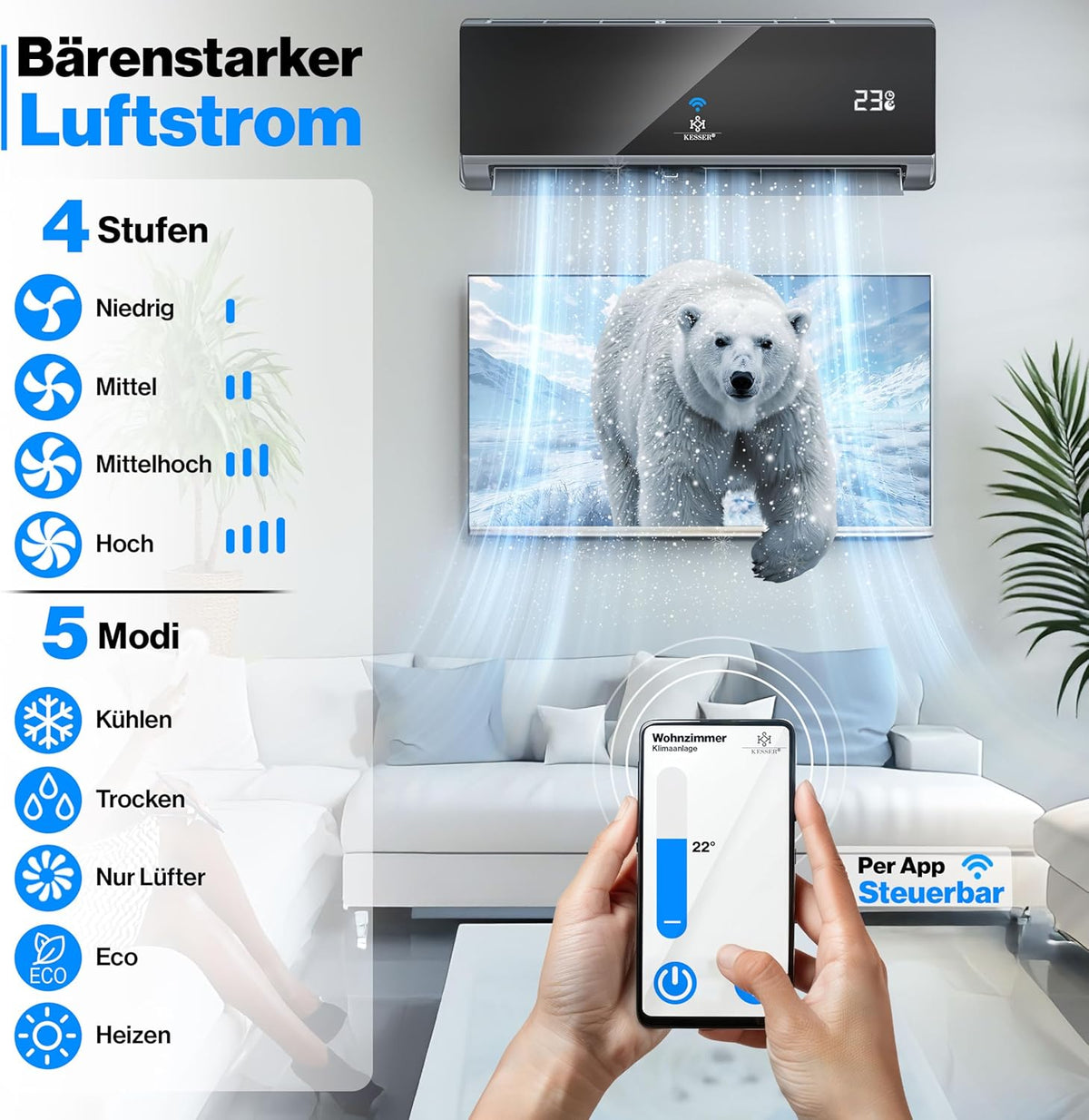 KESSER® Set de aire acondicionado Split - con función WiFi/App - Refrigeración A++/ Calefacción A+ - 9000 BTU/h (2600 vatios) Refrigerante R32 - Mando a distancia, función de temporizador - Incluye material de montaje completo
