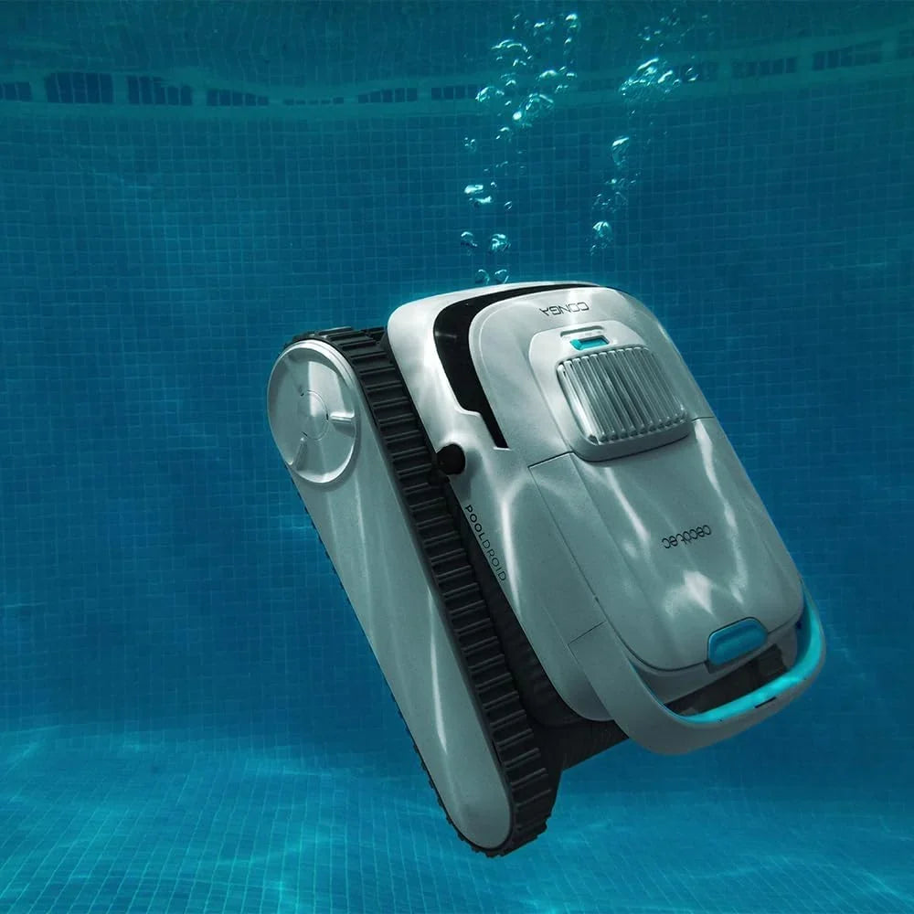 Robot limpiafondos Cecotec para suelos, paredes y línea de flotación Conga Pooldroid 5000 TotalClean Pearl. Superficies 100m2, pendiente máx. 90º, limpieza ordenada, autonomía 100min, capacidad 4L