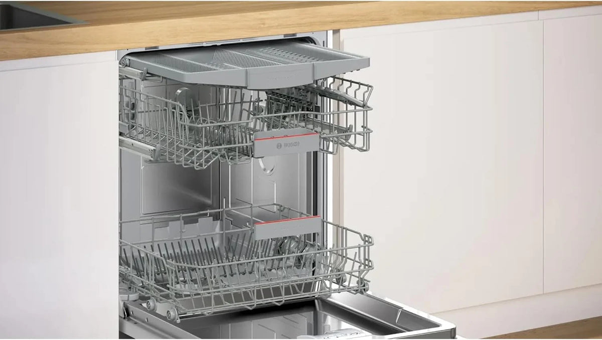 Bosch SMU4EVS08E, seria 4, inteligentna zmywarka do naczyń 60 cm, szuflada na sztućce, zmywarka z asystentem programu, wyjątkowo cicha, górny kosz z regulacją wysokości, automatyczne otwieranie drzwi