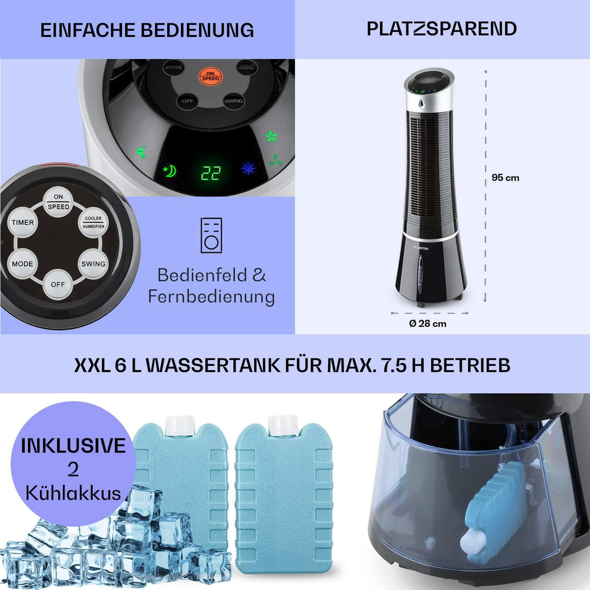 Klarstein 4 en 1: Enfriador de aire inteligente, ventilador, humidificador e ionizador I Depósito de agua de 6 L, oscilación, 30 W, 210 m³/h, temporizador I Aire acondicionado sin tubo de escape, aire acondicionado portátil, negro-oro rosa